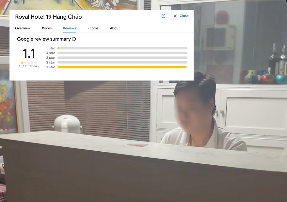 The hotel on Hang Chao Street received tens of thousands of 1-star reviews after refusing to accept rooms in the middle of the night. Photo from the application