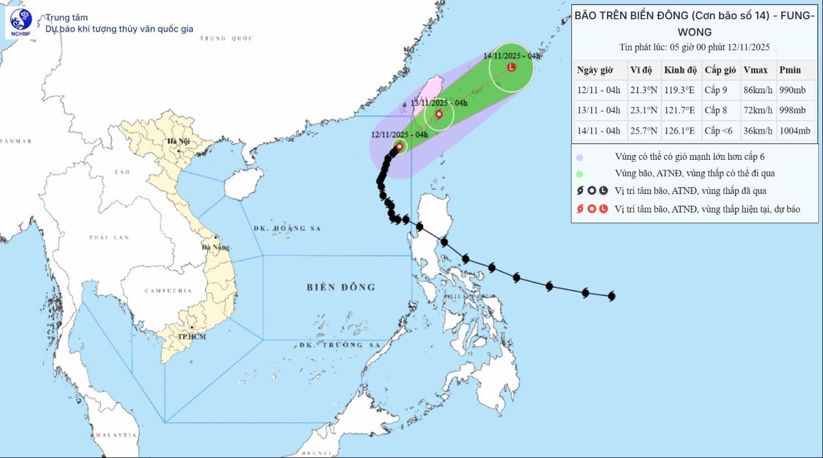 Du bao duong di cua bao so 14. Anh: Trung tam Du bao Khi tuong Thuy van Quoc gia Viet Nam