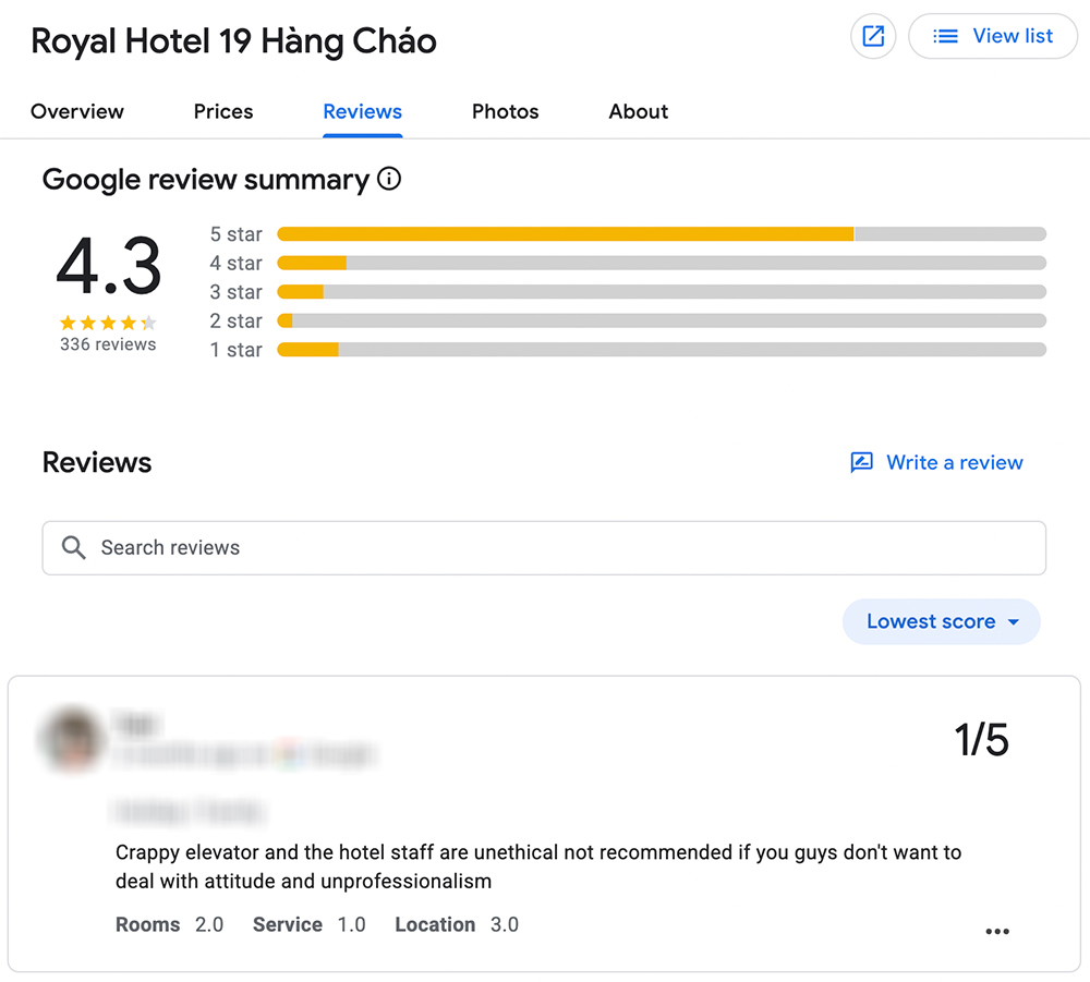 Google Maps chi hien thi khoang hon 330 luot danh gia cua du khach doi voi khach san tren pho Hang Chao. Anh chup tu ung dung