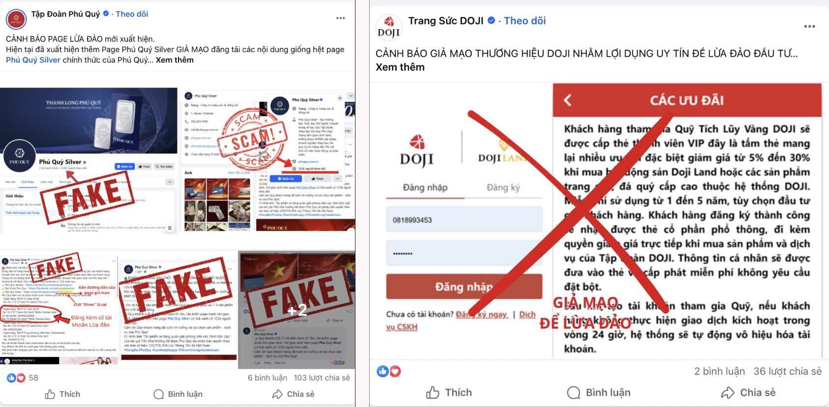 Khong chi rieng Bao Tin Minh Chau, thoi gian qua, nhieu thuong hieu lon khac nhu Phu Quy, DOJI... cung lien tuc tro thanh nan nhan cua cac chieu tro gia mao fanpage.