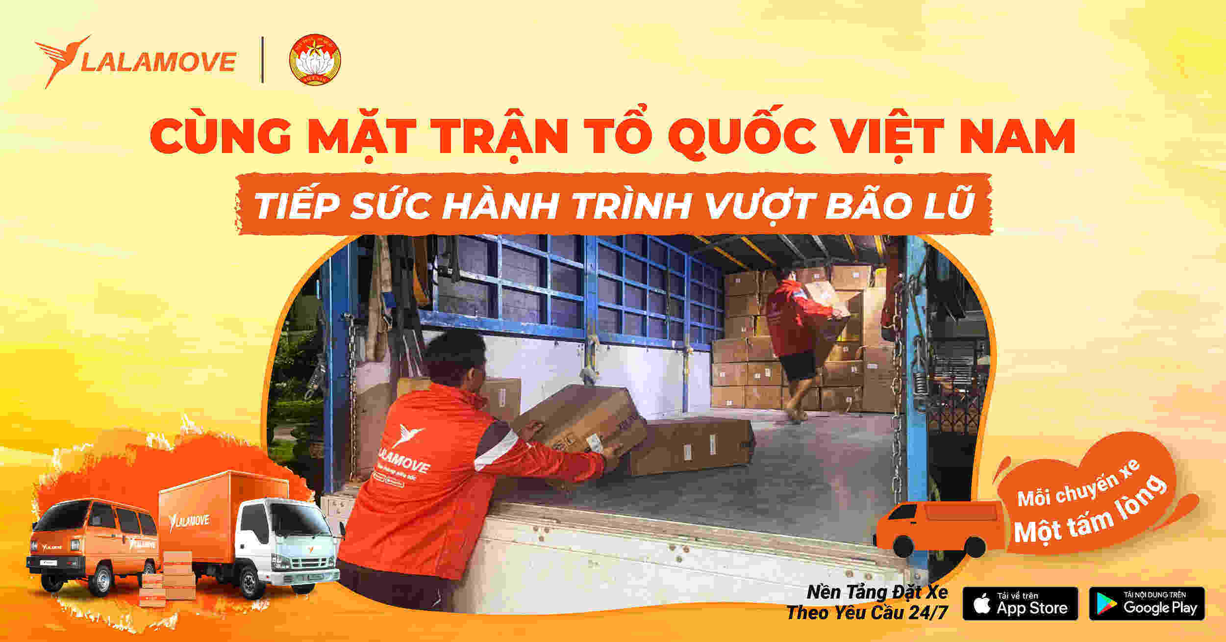 Nhieu mat hang cuu tro duoc van chuyen ngay trong dem. Anh: Lalamove