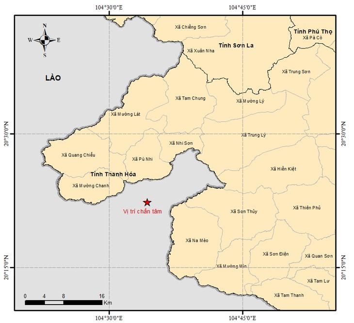 Ban do chan tam tran dong dat manh 4,8 do o Lao. Anh: Vien Cac khoa hoc Trai dat