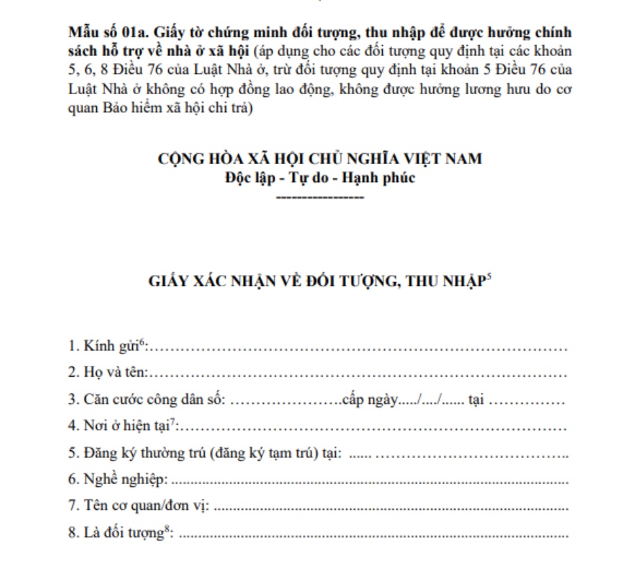 Mau so 01a ve xac nhan ve doi tuong, thu nhap mua nha o xa hoi