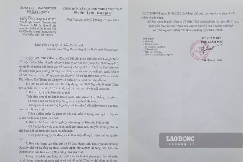 So Xay dung Thai Nguyen yeu cau chu dau tu kiem tra, bao cao lien quan den mua ban, chuyen nhuong NOXH. Anh: Nhom PV