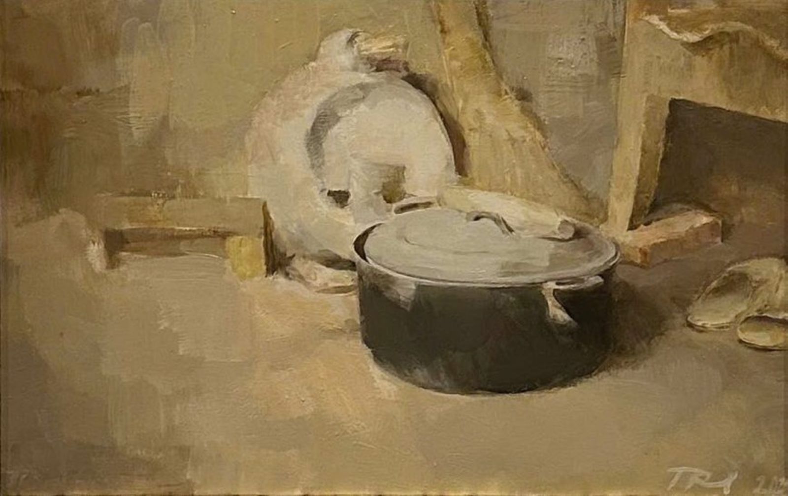 Tac phẩm “Tinh vât nông thôn“, sơn dầu, 2025 cua hoa si Phung Quốc Tri. Ảnh Hanoi Studio Gallery