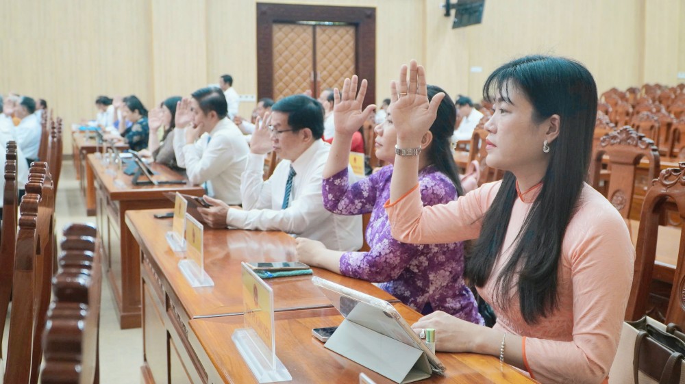 Dai bieu HDND tinh An Giang bieu quyet thong qua cac to trinh du thao nghi quyet. Anh: Nguyen Anh