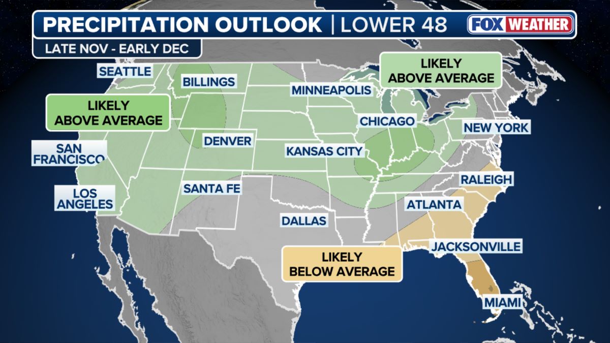 Du bao luong mua o 48 bang cua My trong nua cuoi thang 11. Anh: Fox Weather