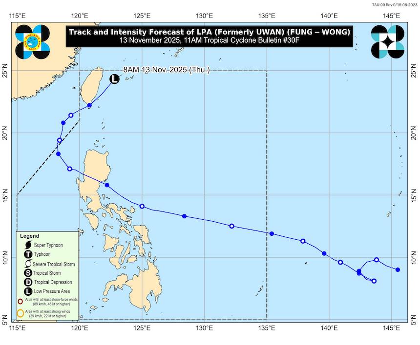 The path of Typhoon No. 14 Fung-wong has weakened into a low pressure area. Photo: PAGASA