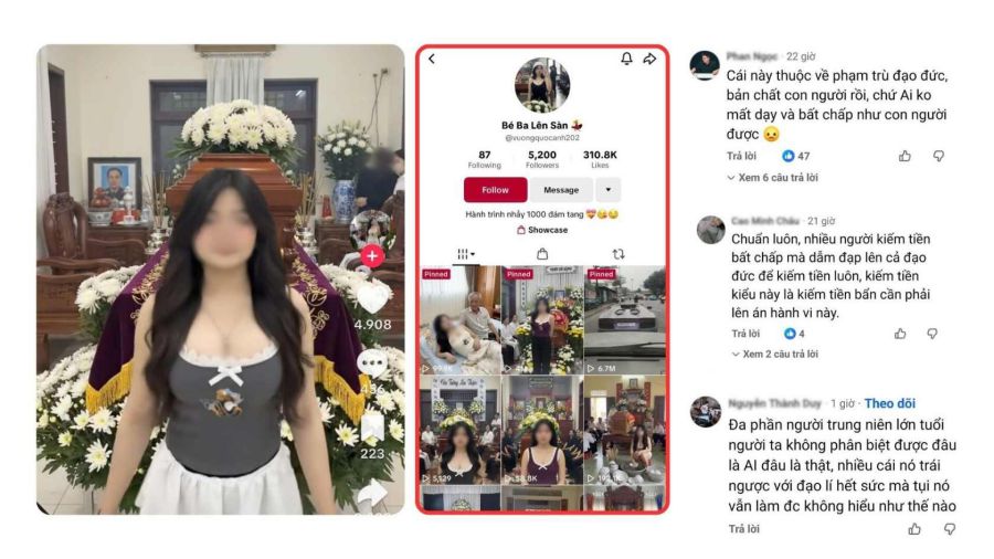 Social networks are in an uproar with a series of clips "jumping in front of the coffin" created by AI to attract views of the account "Be Ba Len San". Graphics: Hao Thien