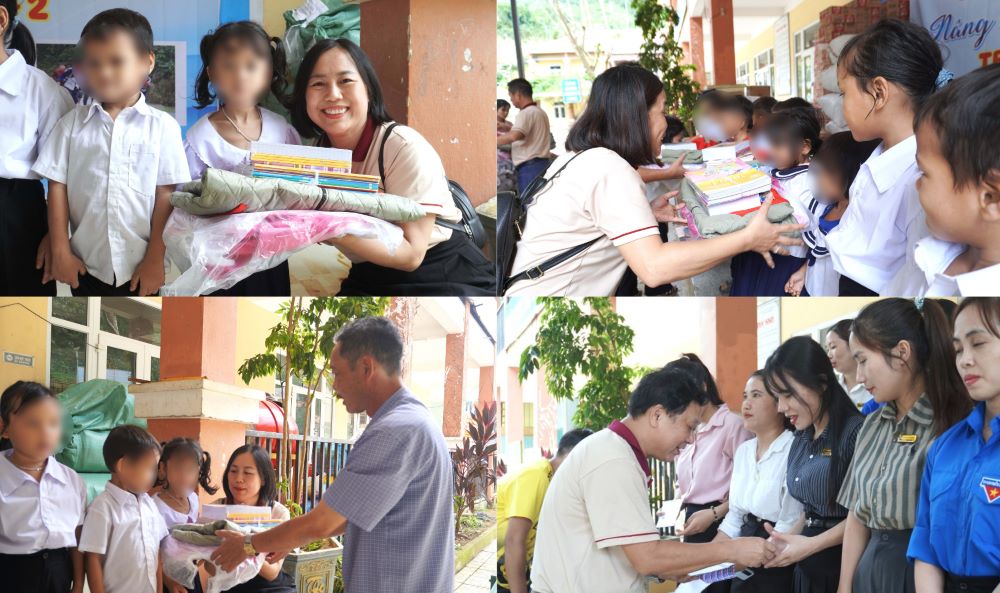 Thay co va hoc sinh Truong PTDTBT Tieu hoc Tra Leng 2 vui mung khi nhan nhung mon qua day thiet thuc tu doan. Anh: Tran Thi