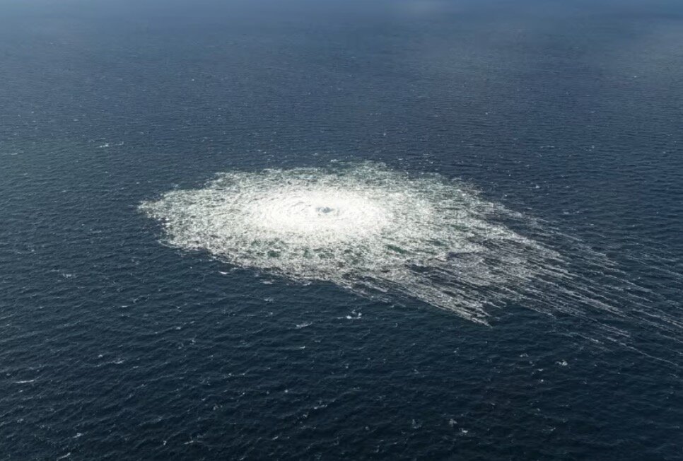 Gas leaked from the Nord Stream 2 pipeline in the Baltic Sea in September 2022. Photo: Danish Defense Command