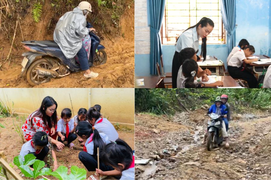 Los pasos dificiles de los maestros de las tierras altas de Da Nang que regresan a clase despues de las tormentas e inundaciones. Foto: Tran Thi