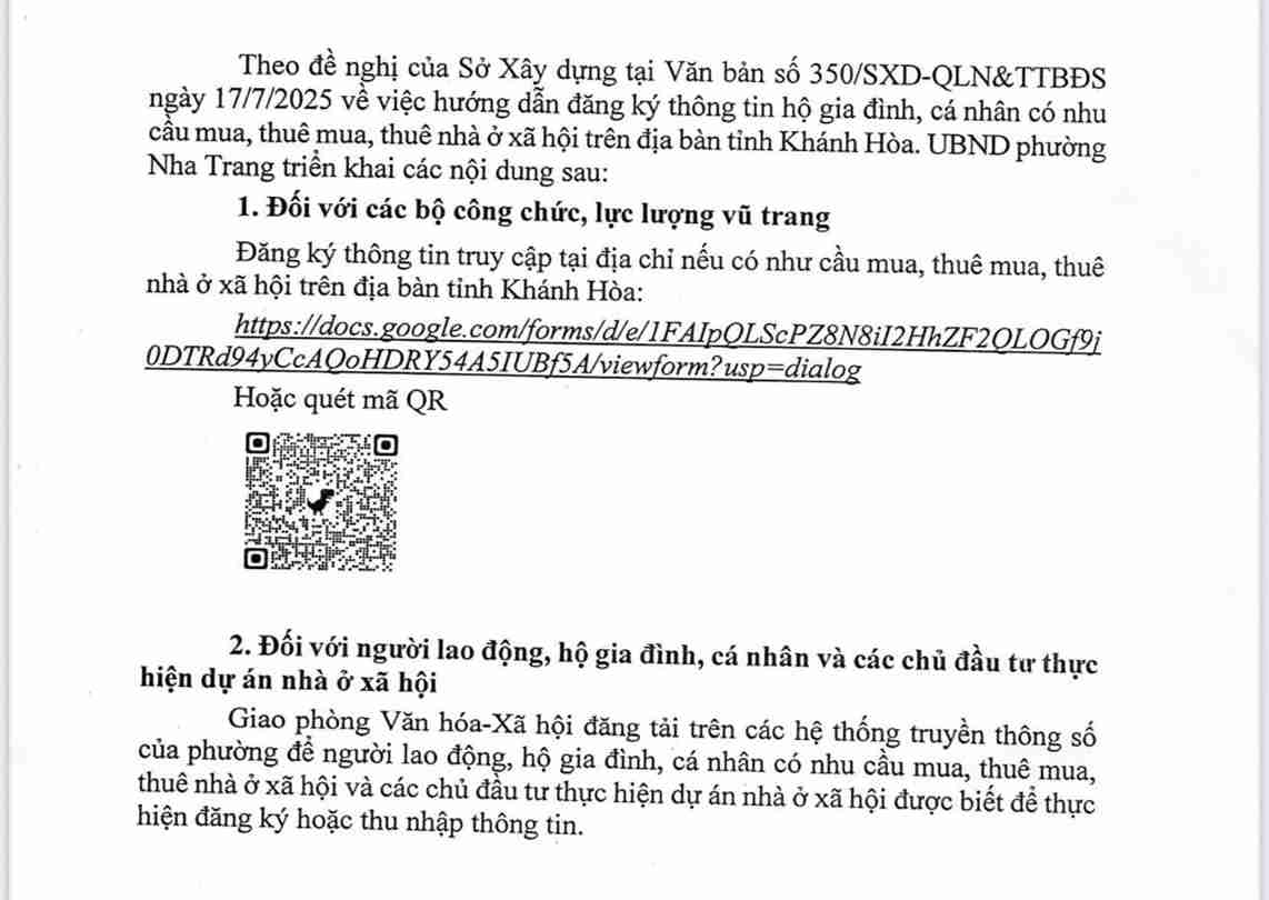 Cac duong link va ma QR ma So Xay dung tinh Khanh Hoa huong dan ca nhan, ho gia dinh dang ky mua, thue nha o xa hoi. Anh: Huu Long