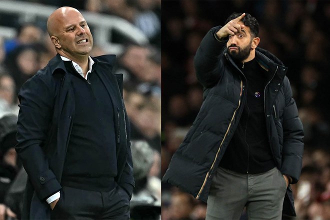 Dos entrenadores Arne Slot y Ruben Amorim. Foto: AFP