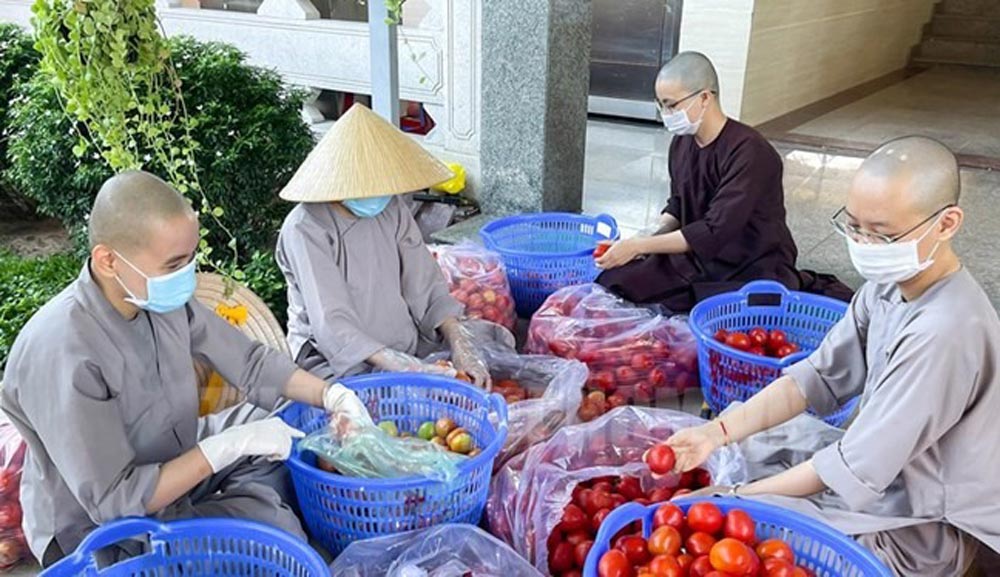 Tang ni, phat tu tham gia tiep nhan, phan loai nhu yeu pham de ho tro nguoi dan tai huyen Binh Chanh, TPHCM. Anh: Thy Tho