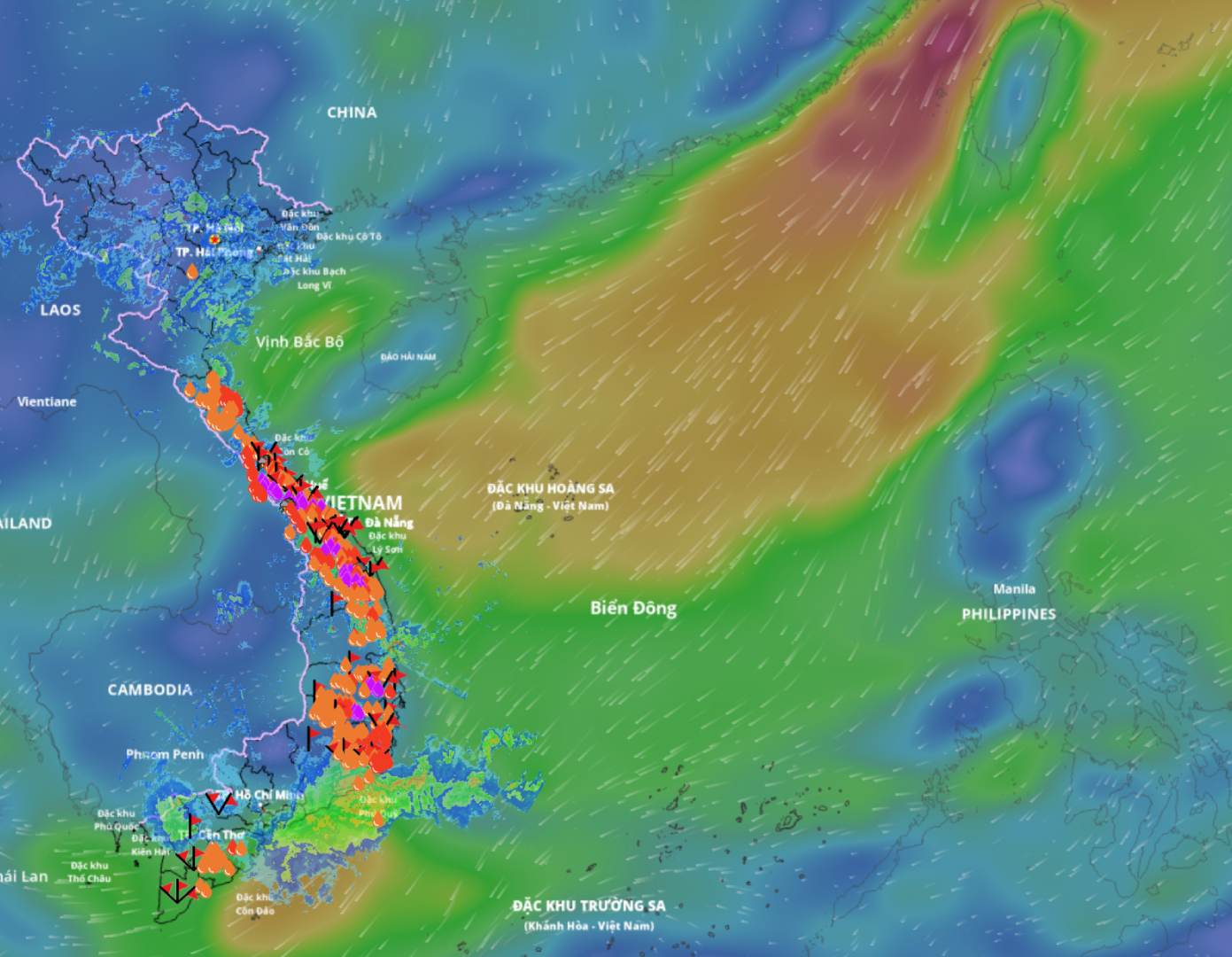 強まる寒気により、多くの海域で雷雨、強風が発生しています。以下は、11月17日午後に更新された海上風場の画像です。出典:ベトナム自然災害監視システム