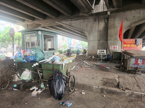 Nhiều bãi rác tự phát dưới chân cầu vượt ô nhiễm và mất mỹ quan đô thị. Ảnh: Minh Hạnh 