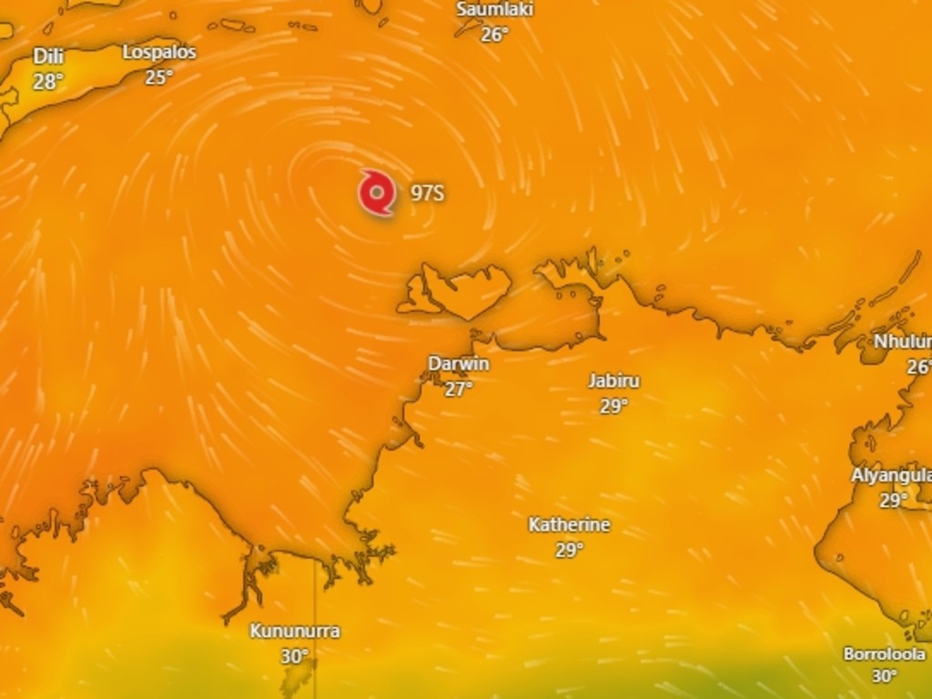 The new tropical depression is approaching the mainland of Darwin, Northern Australia and is likely to strengthen into storm fina. Photo: Windy