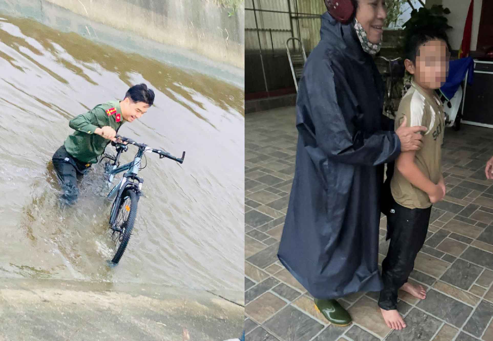 Canh Thuong uy Hiep nhay xuong kenh cuu em H va dua xe dap len bo. Anh: Cong an Thach Lac.