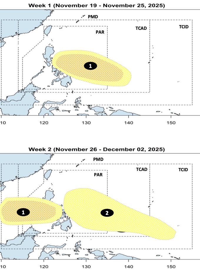 Du bao 2 ap thap lien tiep gan Bien Dong, trong do co 1 ap thap di vao Bien Dong co kha nang thanh bao. Anh: PAGASA 