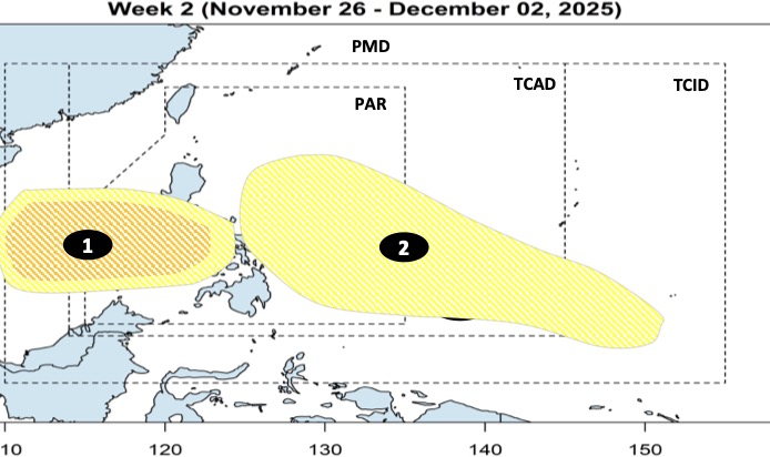 Forecast of 2 consecutive low pressure areas near the East Sea from now until early December. Photo: PAGASA