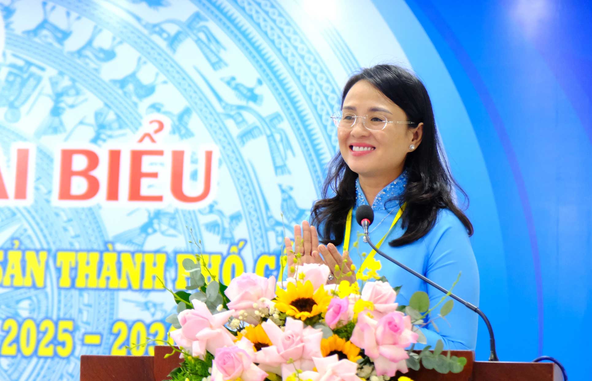 Ba Le Thi Suong Mai - Uy vien Ban Chap hanh Tong LDLD Viet Nam, Thanh uy vien, Pho Chu tich Uy ban MTTQ Viet Nam thanh pho, Chu tich LDLD TP Can Tho - phat bieu. Anh: My Ly