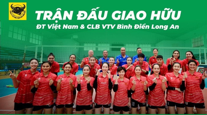 베트남 여자 배구 대표팀 SEA Games 33 앞두고 VTV 빈딘 롱안과 친선 경기. 사진: VTV BDLA