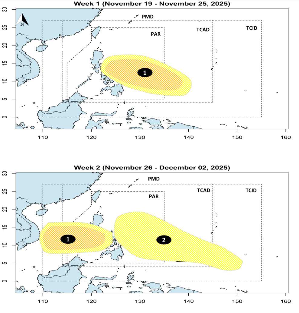 Du bao 2 ap thap lien tiep xuat hien gan Bien Dong tu nay den dau thang 12. Anh: PAGASA