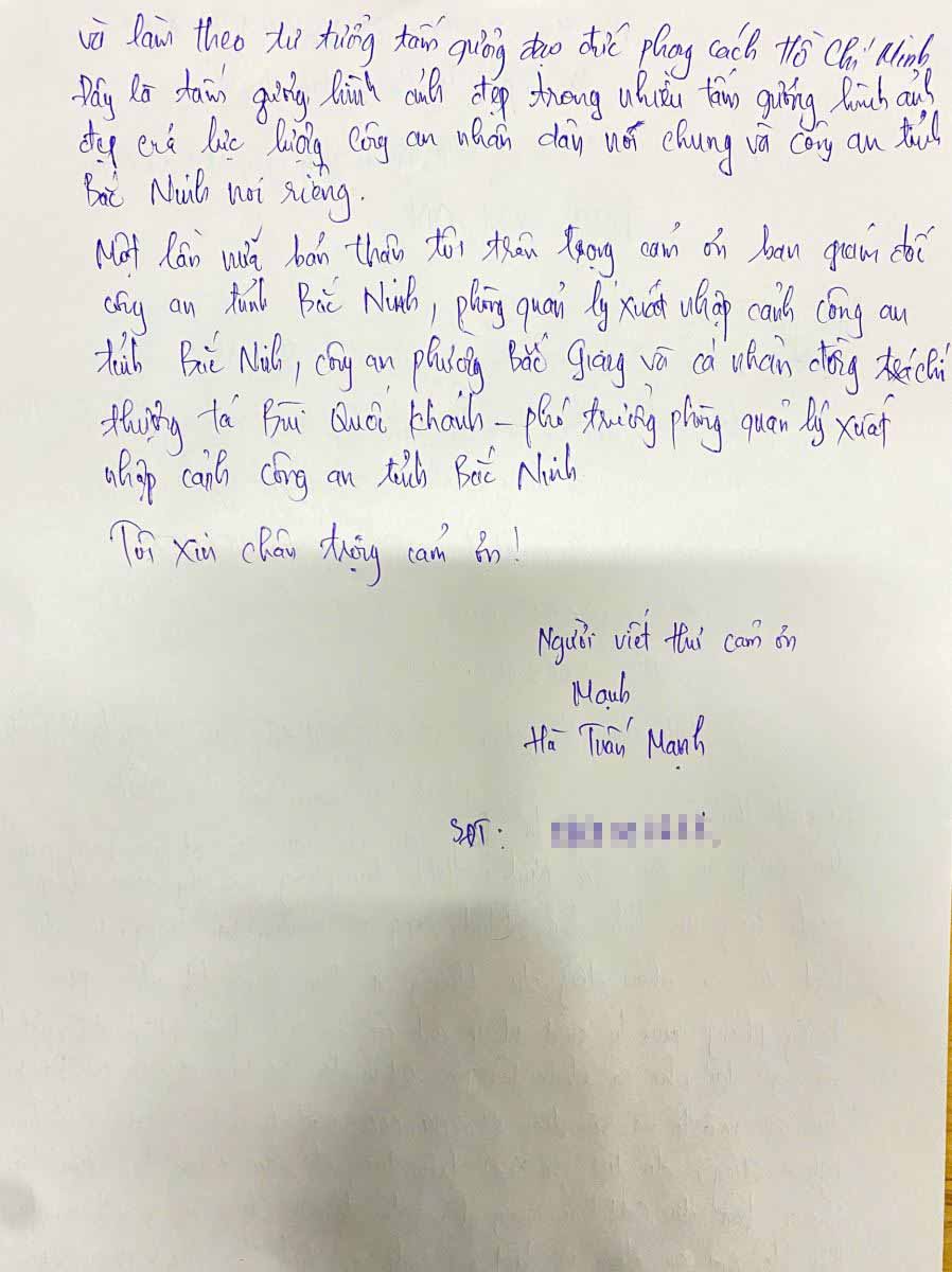 Thu cam on cua cong dan Ha Tuan Manh. Anh: Cong an Bac Ninh