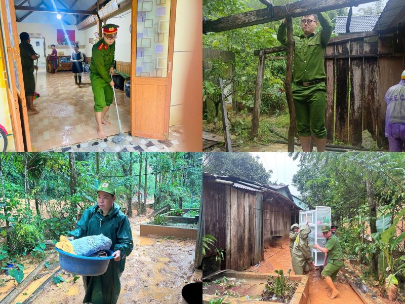 Luc luong Cong an truc tiep ho tro nguoi dan ve sinh nha cua, di chuyen vat dung, gia co noi o tam cho cac ho phai di doi. Anh: CAX AVuong