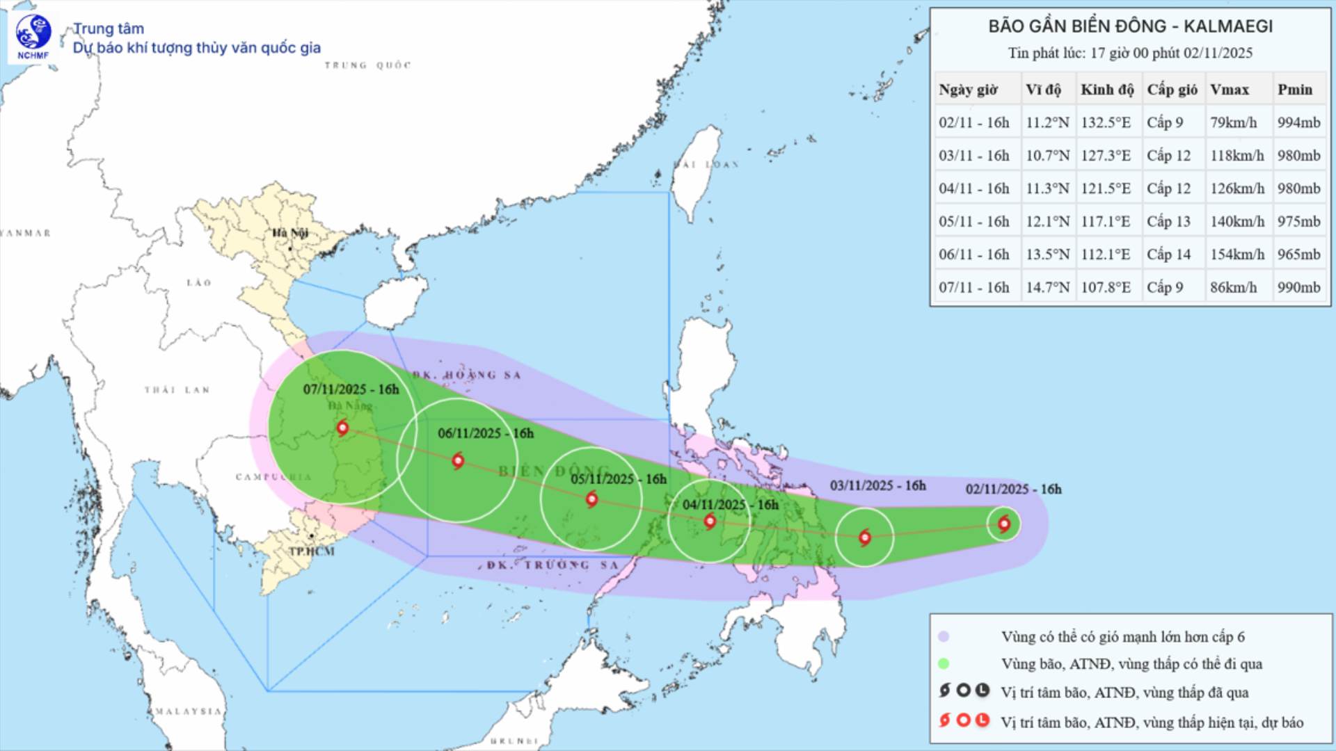 Updated location and path of storm Kalmaegi at 5:00 p.m. on November 2. Source: National Center for Hydro-Meteorological Forecasting
