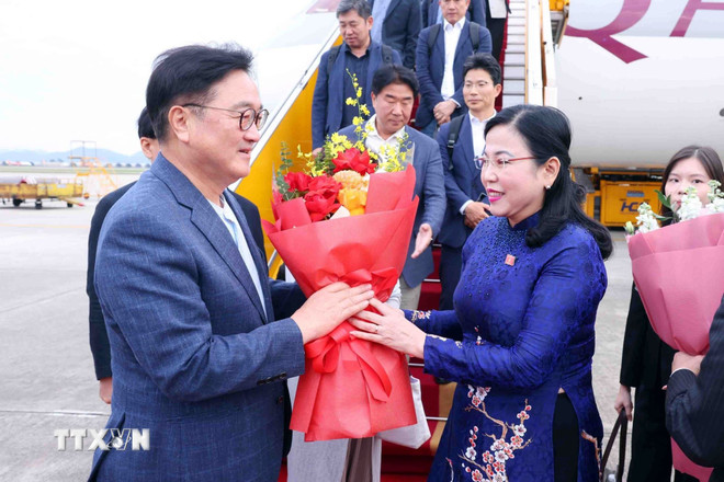 Chairman of the National Assembly's Committee on Science, Technology and Environment Nguyen Thanh Hai welcomed Chairman of the National Assembly of Korea Woo Won Shik and his wife at Noi Bai International Airport. Photo: VNA