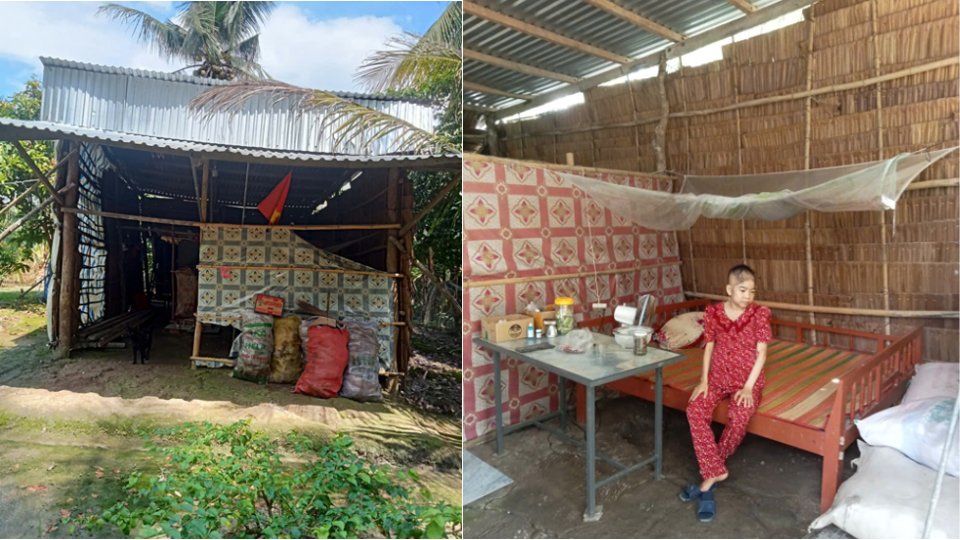 Ms. Pham Thi Thanh Thuy in a dilapidated house in Tan Tien Hamlet, Tan Long Hoi Commune, with blind eyes due to complications of kidney disease. Photo: Hoang Loc