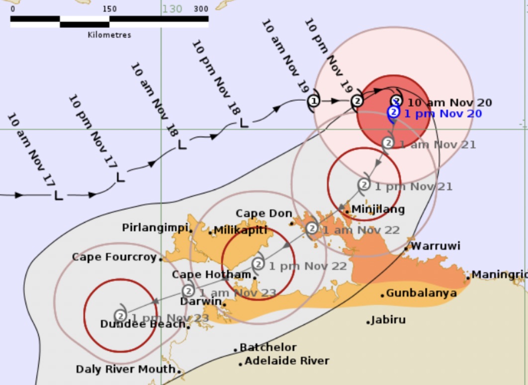 Du bao duong di va vung anh huong cua bao Fina khi do bo dat lien o phia bac Australia. Anh: BOM