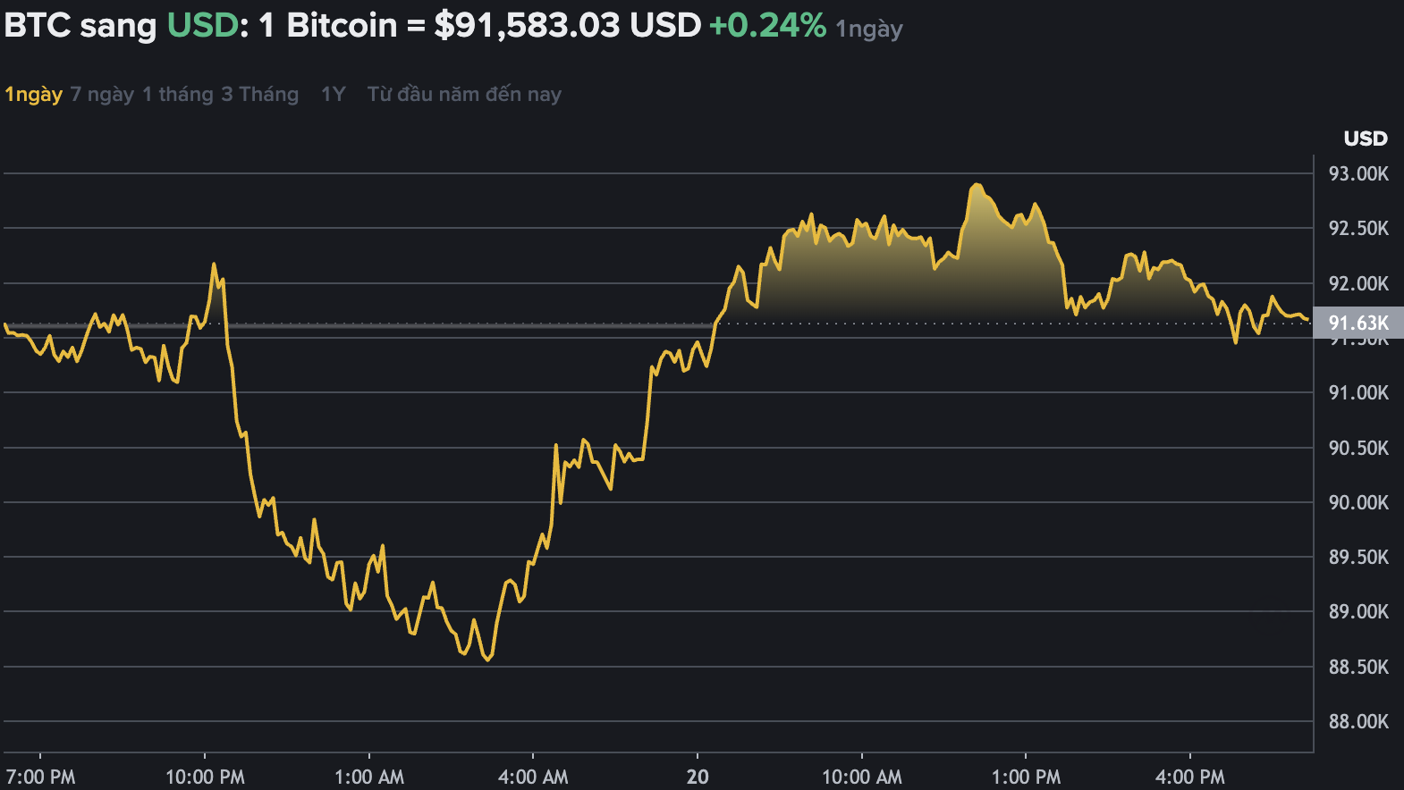 Du lieu tren Binance - san giao dich tien ma hoa lon nhat the gioi cho thay Bitcoin bat tang nhe, len moc 91.000 USD. Nguon: Binance.com