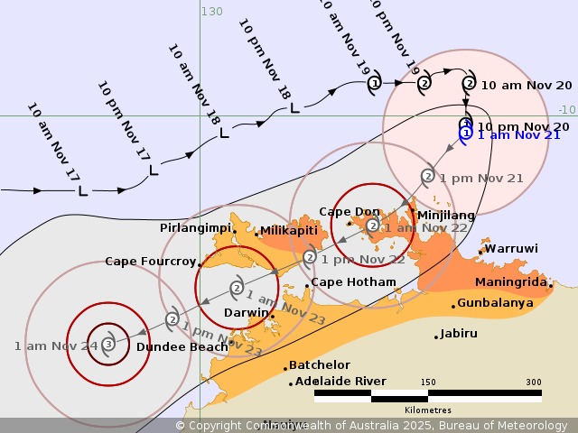 台風フィナの進路と北オーストラリア領土で直接的な影響を受ける地域の予測。写真:BoM