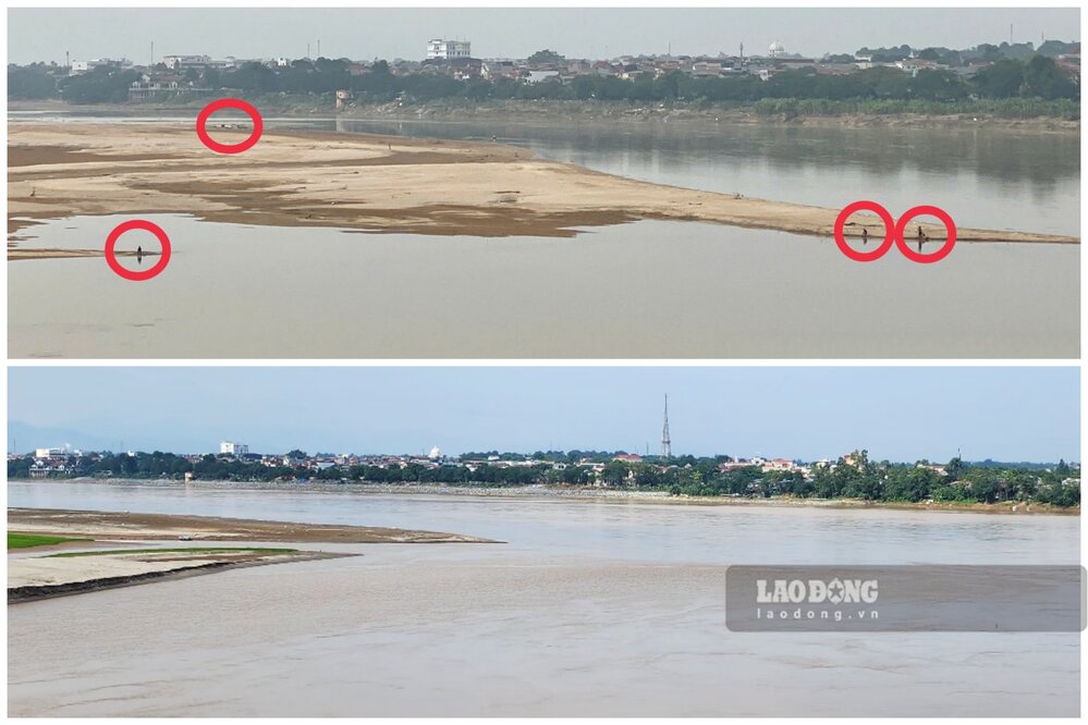 Thang 11.2024, nuoc song can, nhieu nguoi dan dung tren bai boi giua song de cau ca (anh phia tren). Anh: To Cong.