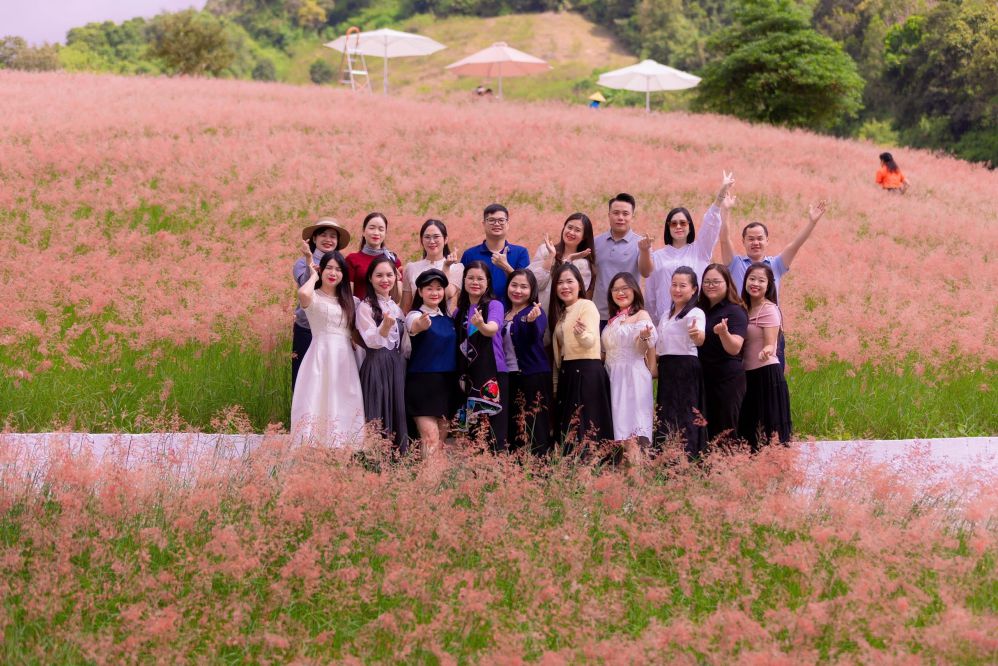 Tourists enjoy taking photos at Na Lun pink grass hill (Moc Chau ward). Photo: Thu Hang