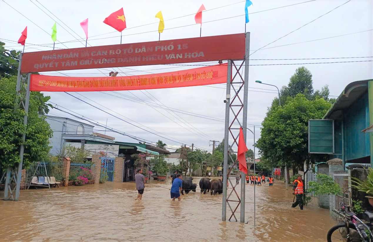 Sang 21.11, nuoc song Dong Nai dang len nhanh khien khu vuc trung tam xa Cat Tien dang bi nhap sau. Anh: Phuc Khanh
