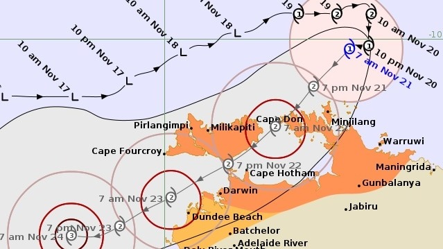 Typhoon fina is forecast to reach its peak when it returns to sea after making landfall in the Northern Territory, Australia on the night of November 21 (local time). Photo: BOM