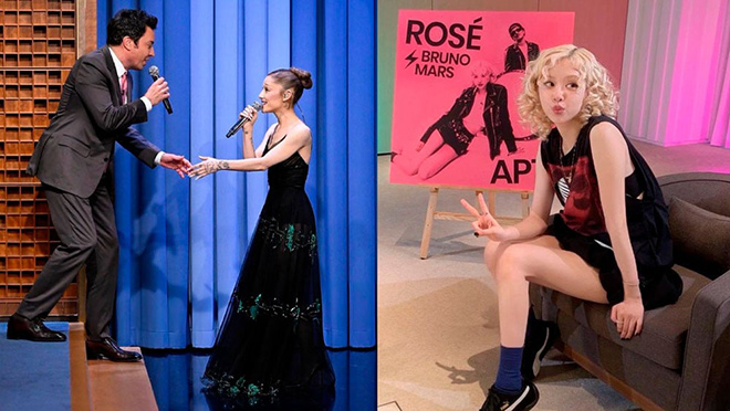 Ariana Grande and Jimmy Fallon perform APT. by Rose (Blackpink). Photo cut from video
