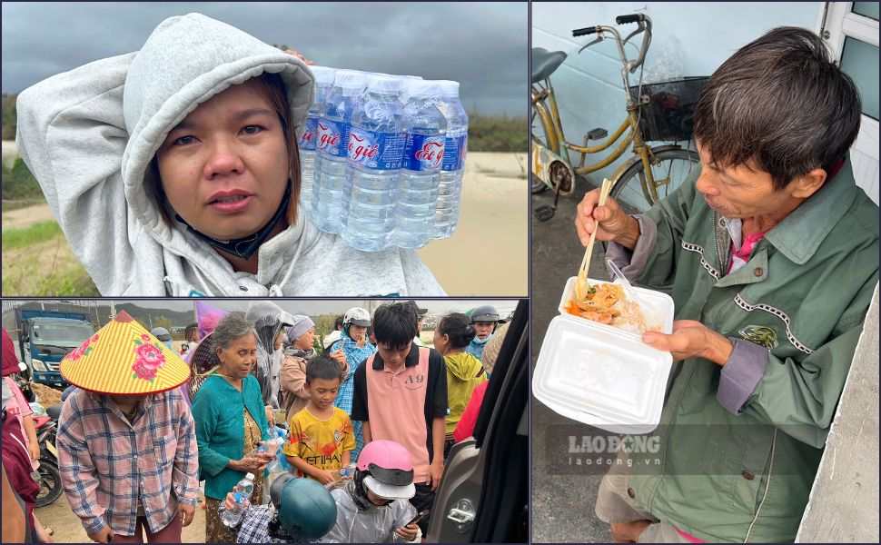 홍수 피해를 입은 지 2일 만에 구호품을 받고 눈물을 흘리는 Gia Lai성 Tuy Phuoc면 홍수 중심지 주민들. 사진: Hoai Phuong