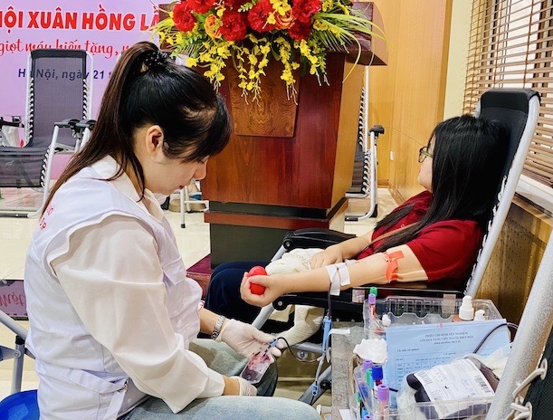 Medical staff take blood after the donor is screened. Photo: Thuy Linh