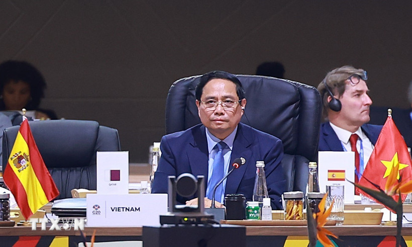 Politburo member and Prime Minister Pham Minh Chinh spoke at the plenary session of the G20 Summit. Photo: VNA