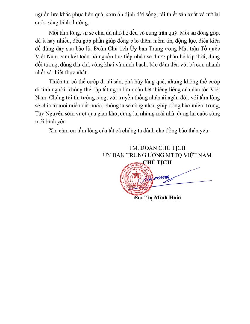 Doan Chu tich Uy ban Trung uong MTTQ Viet Nam ra loi keu goi ung ho dong bao mien Trung, Tay Nguyen bi thiet hai do mua lu gay ra. Anh: Mattran.org.vn