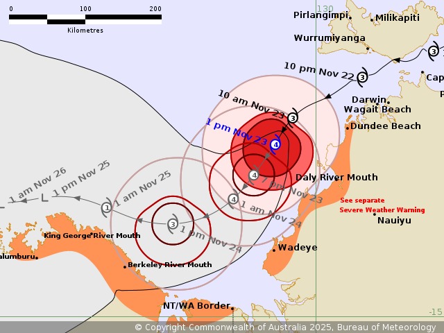 Storm fina has strengthened to level 4 - a severe typhoon, with the strongest wind near the center of the storm at 165km/h, gusts of 230km/h. Photo: BoM