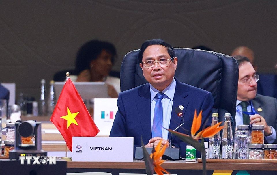 Politburo member and Prime Minister Pham Minh Chinh spoke at the G20 Summit on November 23, 2025. Photo: VNA