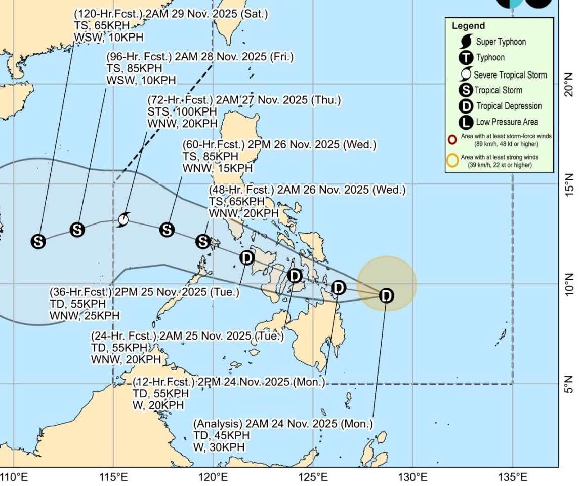 Du bao duong di cua ap thap nhiet doi Verbena, ngay 24.11. Anh: PAGASA