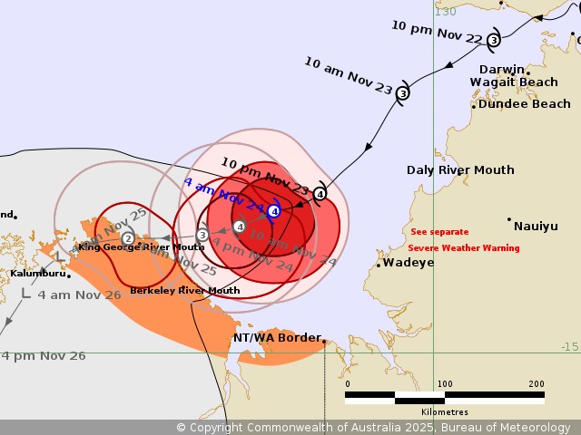 fina is heading towards the mainland of Western Australia, reaching its maximum intensity of level 4 (according to the Australian hurricane scale), with the strongest wind near the center at 185km/h, gusts of 260km/h. Photo: BOM