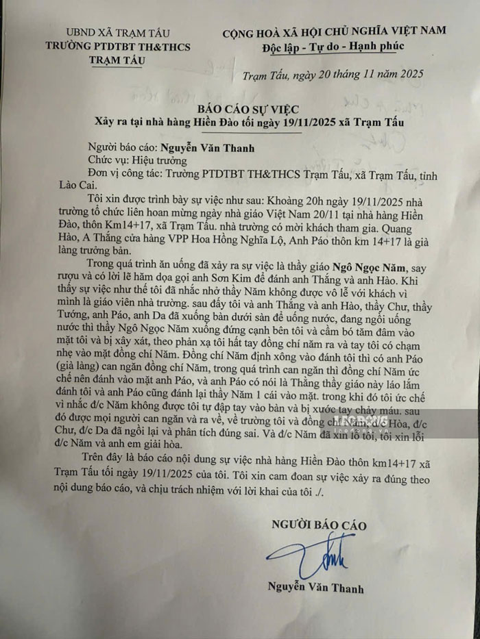 Báo cáo sự việc của Hiệu trưởng Trường Phổ thông dân tộc bán trú Tiểu học và Trung học cơ sở Trạm Tấu (tỉnh Lào Cai). Ảnh: NVCC